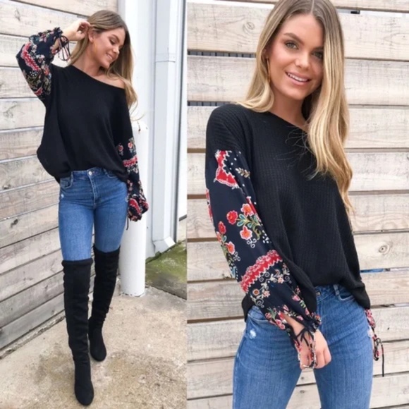 #28 Boho Grey Floral Print Sleeve Waffle Top - Picture 5 of 5